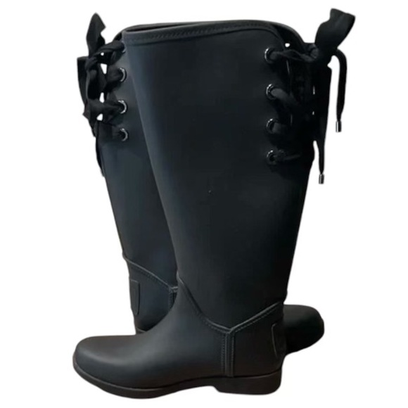 Coach black womens  fleece lined rubber rain boots size 8 with back ties - Picture 1 of 9